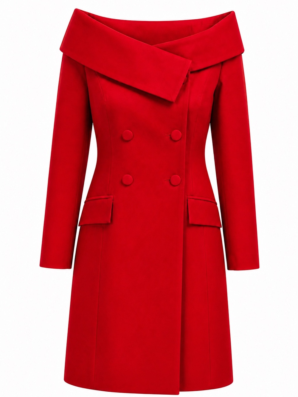Red Off Shoulder Blazer Dress Double Breasted Tailored Coat Dress S - Picture 5 of 7